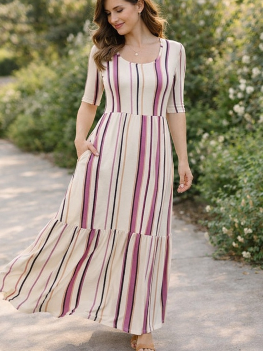 Agnes & Dora Ivory Pink Black Maxi Dress Vintage Stripe Side Pockets Half Sleeve